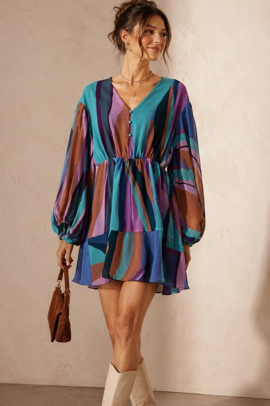 Anthropologie Hutch Dress Long Sheer balloon Sleeves size XS abstract print